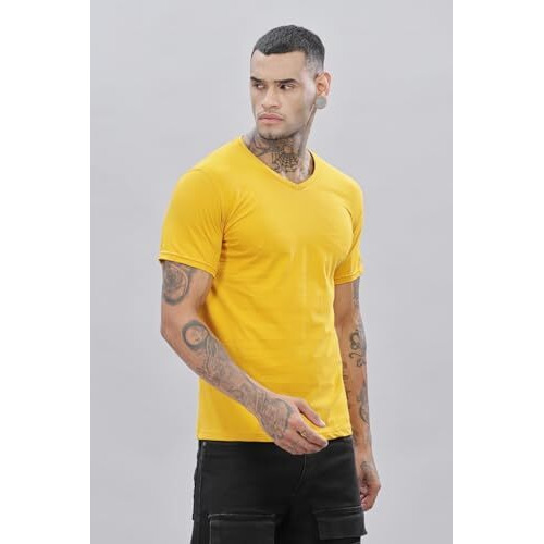 Adro Men's V Neck Solid Cotton T-Shirt (Vn-M-Pln-Mu_Mustard_L)