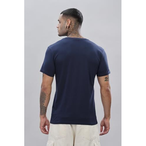 Adro Men's V Neck Solid Cotton T-Shirt (Vn-M-Pln-Nb_Navy_L)