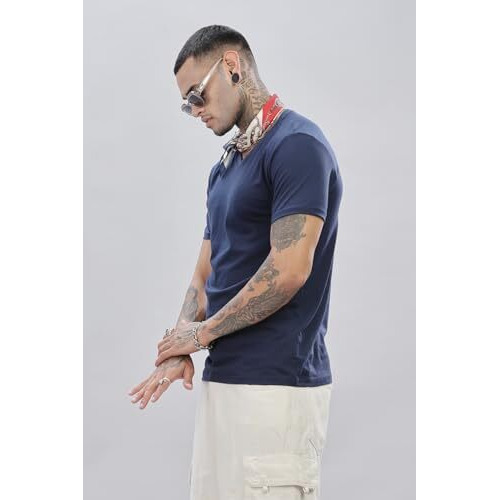 Adro Men's V Neck Solid Cotton T-Shirt (Vn-M-Pln-Nb_Navy_L)