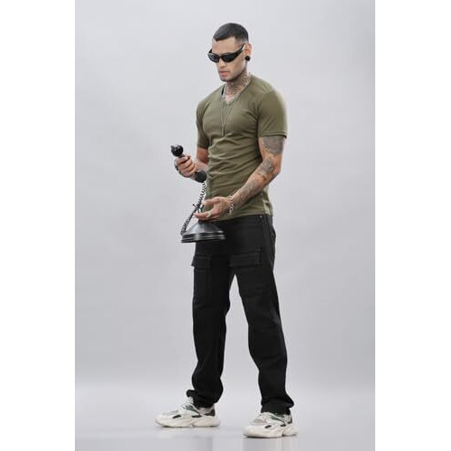 Adro Men's V Neck Solid Cotton T-Shirt (Vn-M-Pln-Ol_Olive_M)