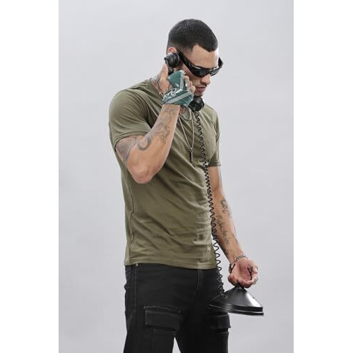 Adro Men's V Neck Solid Cotton T-Shirt (Vn-M-Pln-Ol_Olive_M)