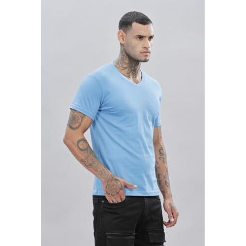 Adro Men's V Neck Solid Cotton T-Shirt (Vn-M-Pln-Sk_Skyblue_2Xl)