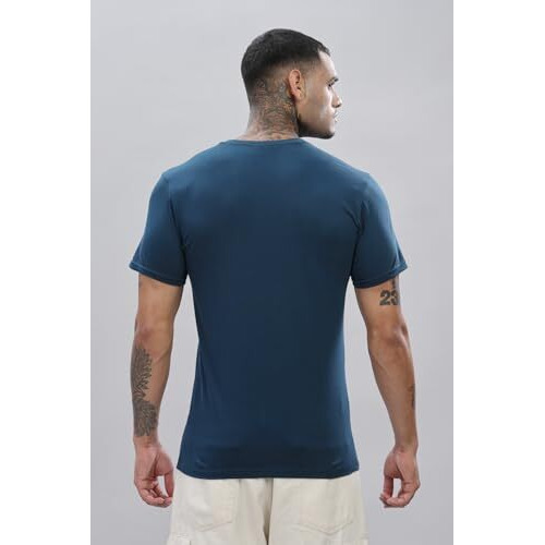 Adro Men's V Neck Solid Cotton T-Shirt (Vn-M-Pln-Sb_Teal_S)