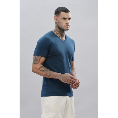 Adro Men's V Neck Solid Cotton T-Shirt (Vn-M-Pln-Sb_Teal_S)