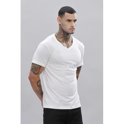 Adro Men's V Neck Solid Cotton T-Shirt (Vn-M-Pln-Wh_White_S)