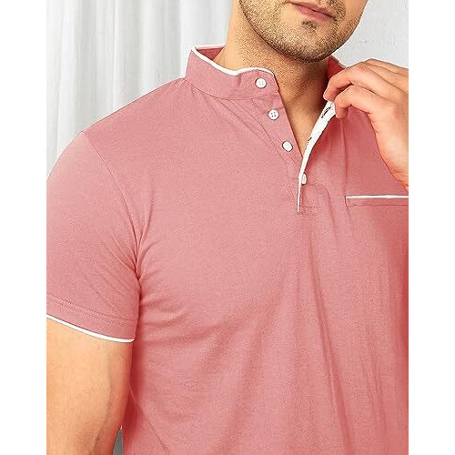 Eyebogler Cotton Blend Henley Neck Half Sleeve Solid Men Tshirt Peach White