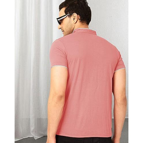 Eyebogler Cotton Blend Henley Neck Half Sleeve Solid Men Tshirt Peach White
