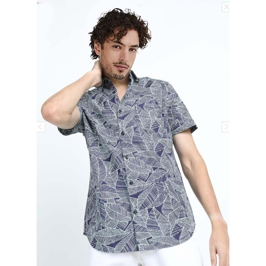 Lookmark Men's Cotton Blend Navy Color Stitched Printed Half Sleeve Shirt(Shirt 59-L)