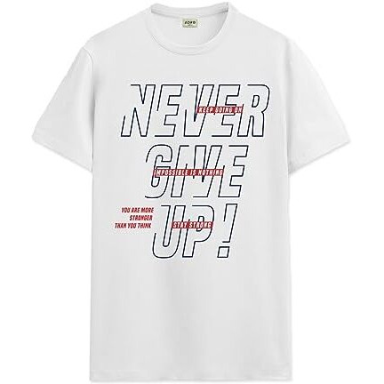Adro Never Give Up Printed T-Shirt For Men - 100% Cotton, Regular Fit, Soft Breathable Fabric. (Rn23-M-Nvr-Wh_White_Xl)