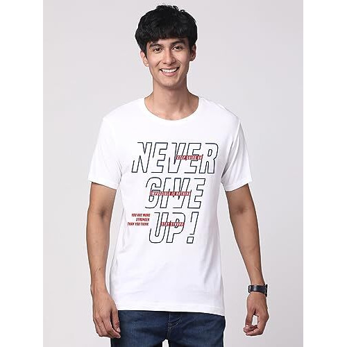 Adro Never Give Up Printed T-Shirt For Men - 100% Cotton, Regular Fit, Soft Breathable Fabric. (Rn23-M-Nvr-Wh_White_Xl)