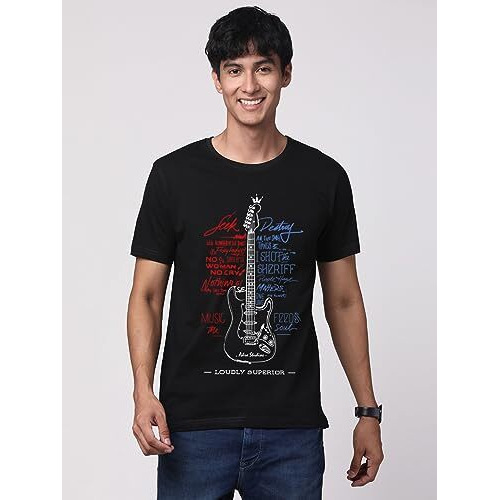 Adro Guitar Design Printed T-Shirt For Men - 100% Cotton, Regular Fit, Soft Breathable Fabric. (Rn23-M-Gtr-Bl_Black_Xl)