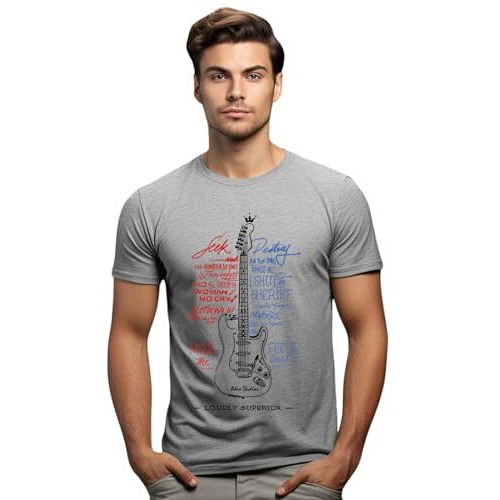 Adro Guitar Design Printed T-Shirt For Men - 100% Cotton, Regular Fit, Soft Breathable Fabric | Rn23-M-Gtr-Gr-Xl Grey