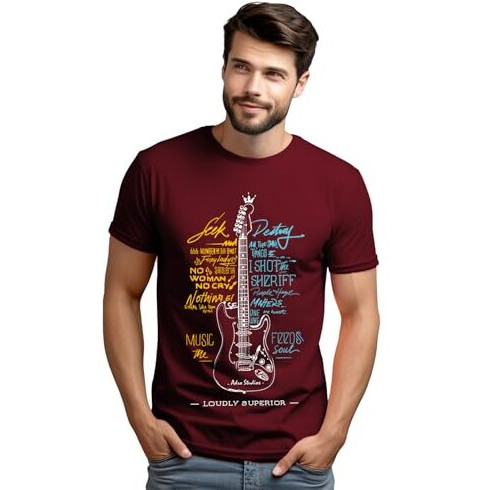 Adro Guitar Design Printed T-Shirt For Men - 100% Cotton, Regular Fit, Soft Breathable Fabric | Rn23-M-Gtr-Mr-2Xl Maroon