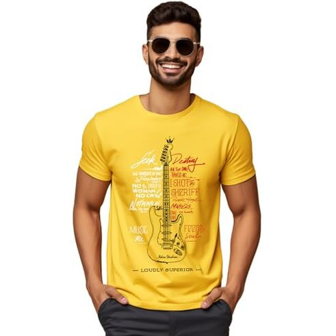 Adro Guitar Design Printed T-Shirt For Men - 100% Cotton, Regular Fit, Soft Breathable Fabric | Rn23-M-Gtr-Mu-Xl Mustard