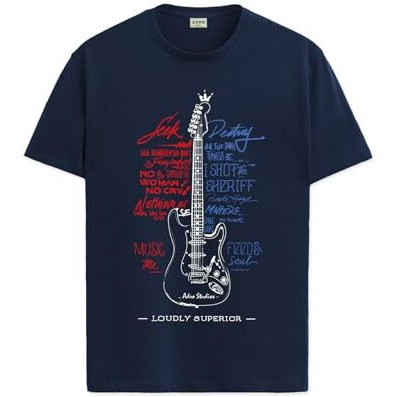 Adro Guitar Design Printed T-Shirt For Men - 100% Cotton, Regular Fit, Soft Breathable Fabric | Rn23-M-Gtr-Nb-M Navy Blue