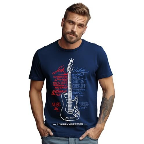 Adro Guitar Design Printed T-Shirt For Men - 100% Cotton, Regular Fit, Soft Breathable Fabric | Rn23-M-Gtr-Nb-M Navy Blue
