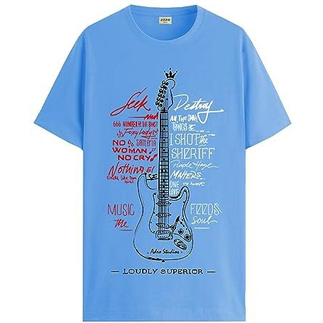 Adro Guitar Design Printed T-Shirt For Men - 100% Cotton, Regular Fit, Soft Breathable Fabric. (Rn23-M-Gtr-Sk_Skyblue_2Xl)