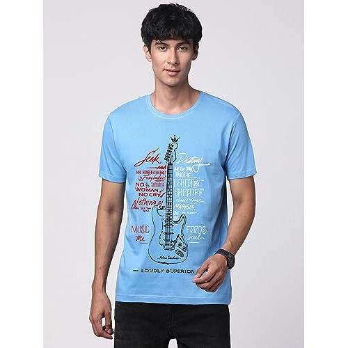 Adro Guitar Design Printed T-Shirt For Men - 100% Cotton, Regular Fit, Soft Breathable Fabric. (Rn23-M-Gtr-Sk_Skyblue_2Xl)
