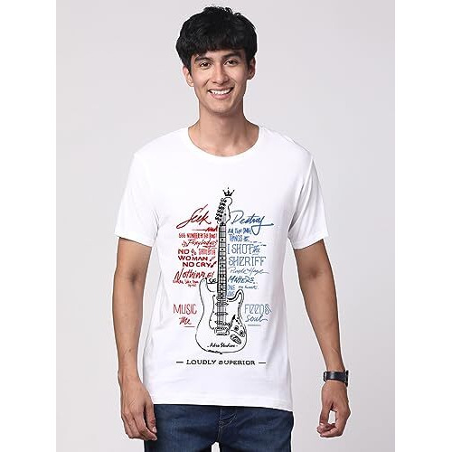 Adro Guitar Design Printed T-Shirt For Men - 100% Cotton, Regular Fit, Soft Breathable Fabric. (Rn23-M-Gtr-Wh_White_2Xl)
