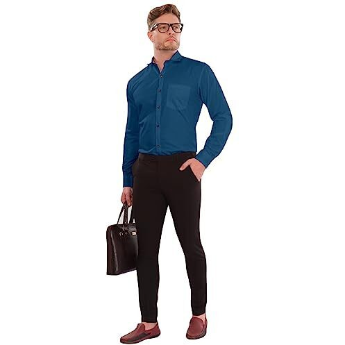 Lookmark Men's Cotton Blend Dark Turqouise Color Stitched Solid Full Sleeve Shirt(Amzn-Shirt 56-L)