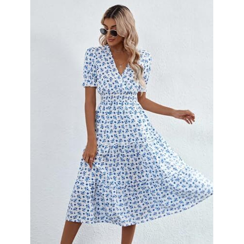 Kotty Women's Fit And Flare Printed Dress Off White Blue