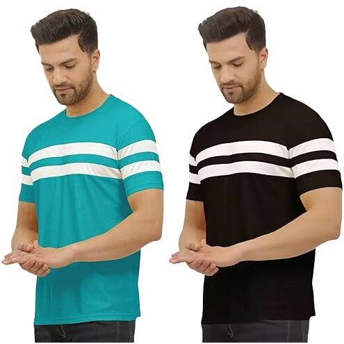 Lookmark Men's Combo Cotton Blend Sky Blue & Black Color Printed Striped Polo Tshirt(Mt04-Mt10)
