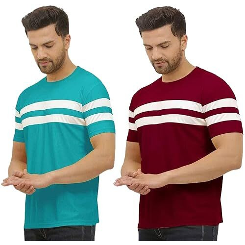 Lookmark Men's Combo Cotton Blend Sky Blue & Maroon Color Printed Striped Polo Tshirt(Mt04-Mt09)