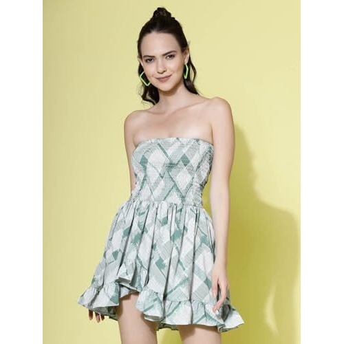 Oomph Women's Western & Fusion Wear Smocked Mini Dress For Women Western, Green - Md934