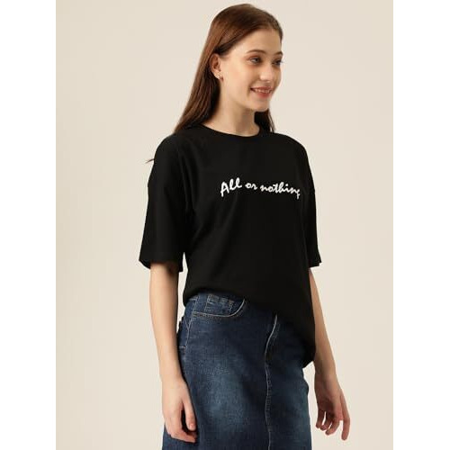 Kotty Women's Cotton Blend Black Printed Oversized T-Shirts