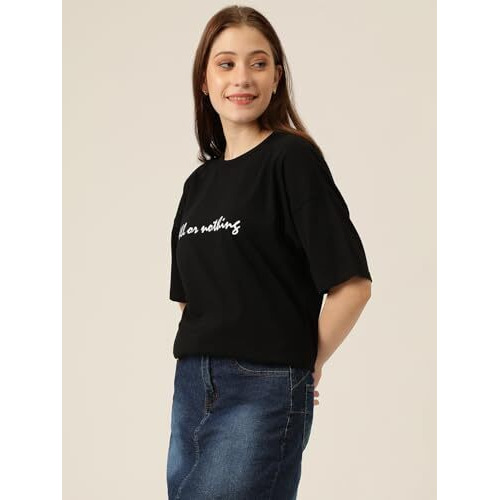 Kotty Women's Cotton Blend Black Printed Oversized T-Shirts