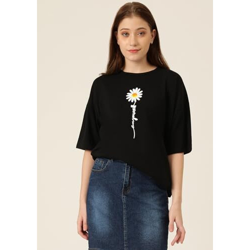 Kotty Women's Cotton Blend Black Printed Oversized T-Shirts