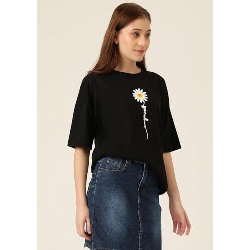 Kotty Women's Cotton Blend Black Printed Oversized T-Shirts