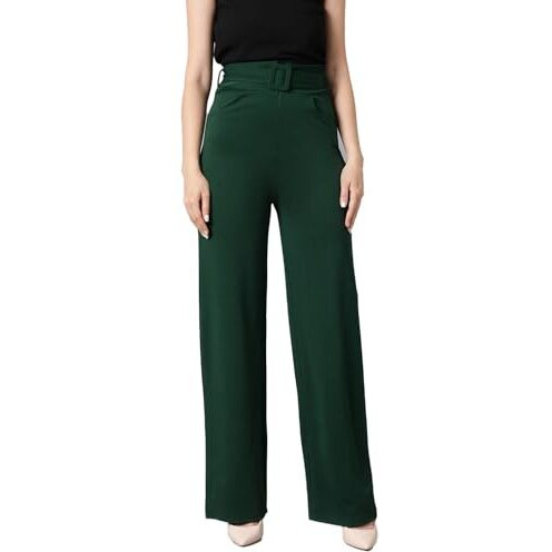 Kotty Women's High Rise Viscose Rayon Relaxed Fit Korean Trousers Bottle Green