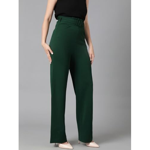 Kotty Women's High Rise Viscose Rayon Relaxed Fit Korean Trousers Bottle Green