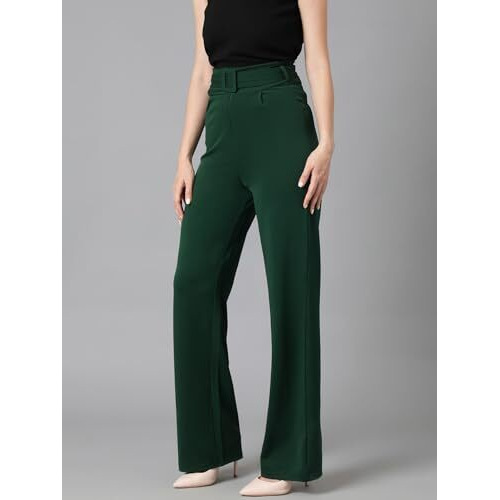 Kotty Women's High Rise Viscose Rayon Relaxed Fit Korean Trousers Bottle Green