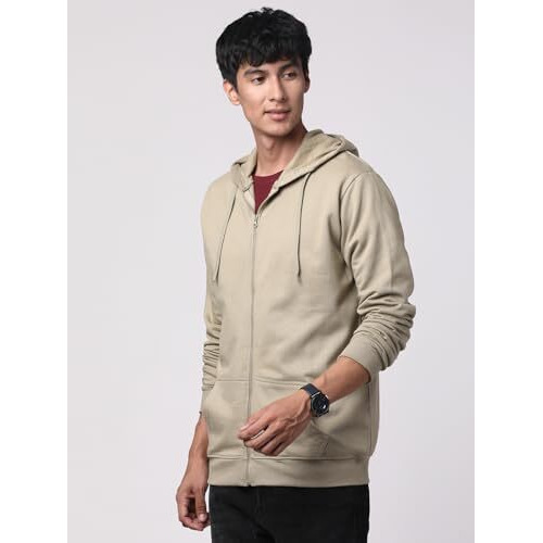 Adro Mens Cotton Solid Zipper Hoodie Sweatshirts (Zh23-Pln-Be_Beige_L)