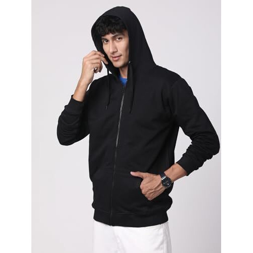 Adro Mens Cotton Solid Zipper Hoodie Sweatshirts (Zh23-Pln-Bl_Black_2Xl)