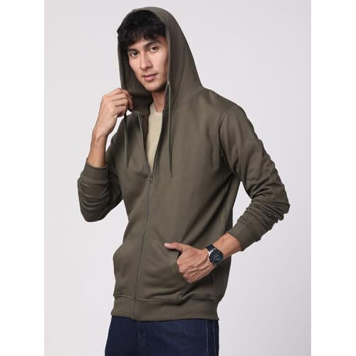 Adro Mens Cotton Solid Zipper Hoodie Sweatshirts (Zh23-Pln-Ol_Olive_M)