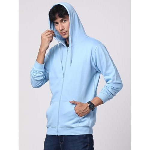 Adro Mens Cotton Solid Zipper Hoodie Sweatshirts (Zh23-Pln-Sk_Skyblue_M)