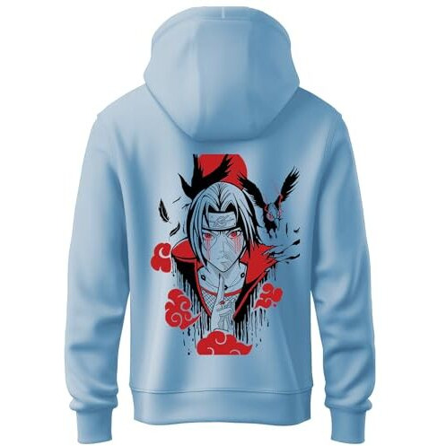 Adro Mens Hoodies With Itachi Uchiha Anime Backside Printed, 100% Cotton 340Gsm. (H23-M-Ita-Sk_Skyblue_S)