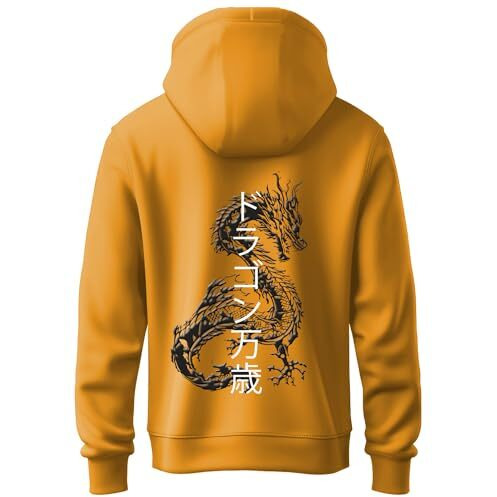 Adro Mens Hoodies With Hail The Dragon Puff Backside Printed, 100% Cotton 340Gsm. (H23-M-Dra-Mu_Mustard_L)