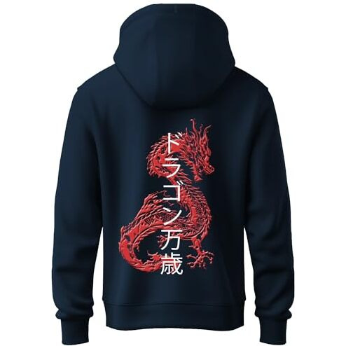 Adro Mens Hoodies With Hail The Dragon Puff Backside Printed, 100% Cotton 340Gsm. (H23-M-Dra-Nb_Navy_L)