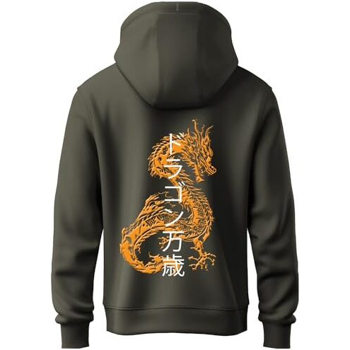 Adro Mens Hoodies With Hail The Dragon Puff Backside Printed, 100% Cotton 340Gsm. (H23-M-Dra-Ol_Olive_M)