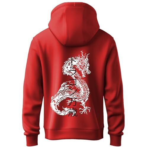 Adro Mens Hoodies With Hail The Dragon Puff Backside Printed, 100% Cotton 340Gsm. (H23-M-Dra-Rd_Red_L)