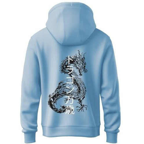 Adro Mens Hoodies With Hail The Dragon Puff Backside Printed, 100% Cotton 340Gsm. (H23-M-Dra-Sk_Skyblue_Xl)