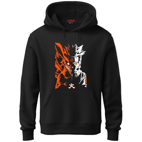 Adro Mens Hoodies With Naruto Uzumaki Anime Printed, 100% Cotton 340Gsm Warm & Soft Fabric. (H23-M-Nrr-Bl_Black_S)
