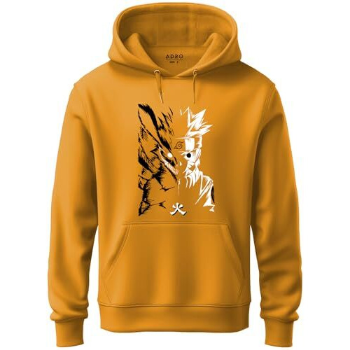 Adro Mens Hoodies With Naruto Uzumaki Anime Printed, 100% Cotton 340Gsm Warm & Soft Fabric. (H23-M-Nrr-Mu_Mustard_Xl)