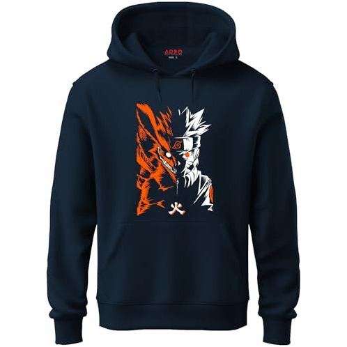Adro Mens Hoodies With Naruto Uzumaki Anime Printed, 100% Cotton 340Gsm Warm & Soft Fabric. (H23-M-Nrr-Nb_Navy_S)