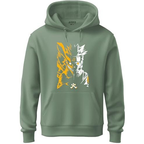 Adro Mens Hoodies With Naruto Uzumaki Anime Printed, 100% Cotton 340Gsm Warm & Soft Fabric. (H23-M-Nrr-Pt_Pista_M)