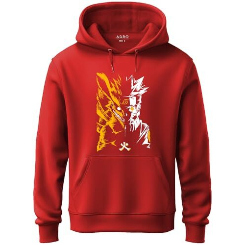 Adro Mens Hoodies With Naruto Uzumaki Anime Printed, 100% Cotton 340Gsm Warm & Soft Fabric. (H23-M-Nrr-Rd_Red_L)